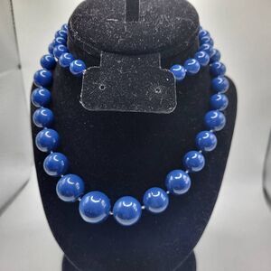 Vintage 60s Chunky Cerulean Blue Graduated Acrylic Bead Necklace